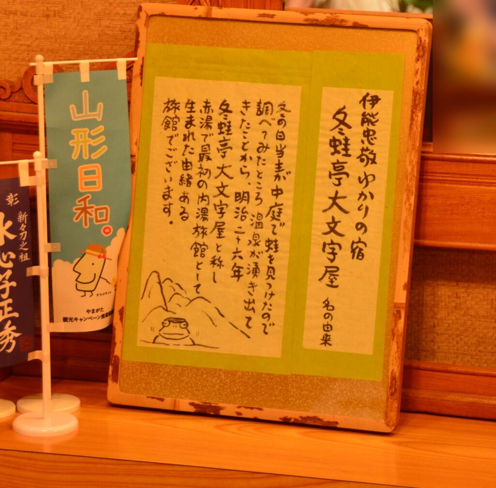 蛙の絵とともに、宿の名の由来を記した手書きの額　／　03_fuyukaeru_tei_yuraigaki.jpg